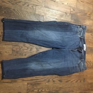 Medium wash blue cropped jeans.
